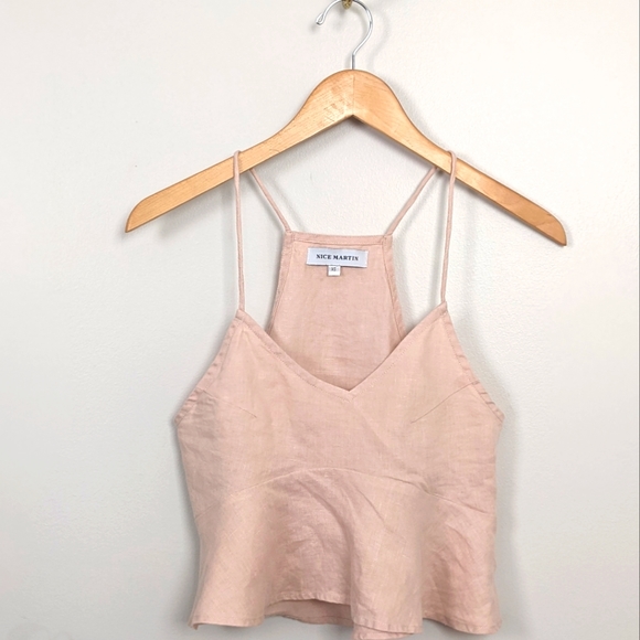 Cropped Spaghetti Strap Ruffled Blouse | 100% Linen | Blush Pink | Size XS - Picture 2 of 10